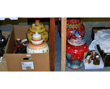 Quantity of twentieth century decorative items including porcelain jars and covers, Yixing teawares, carved wooden Buddha, so