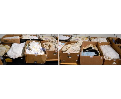 Assorted white linen and cotton including mainly table linen, place mats, tray cloths with embroidery, textiles etc (ten boxe