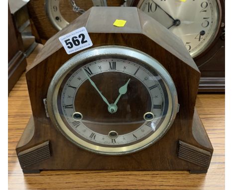 3-hole art deco style wooden mantle clock, 11”w x 9”h