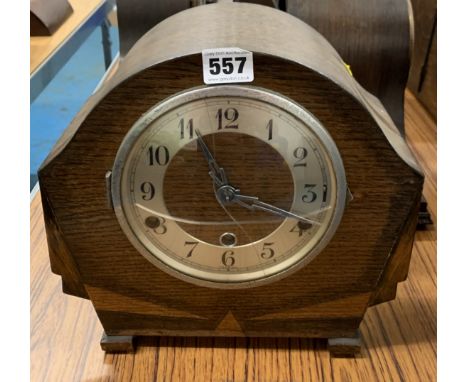 3-hole wooden mantle clock, glass cracked. 10” w x 10” h