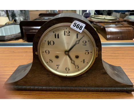 2-hole wooden Napoleon hat shaped mantle clock, 16”w x 9.5”h