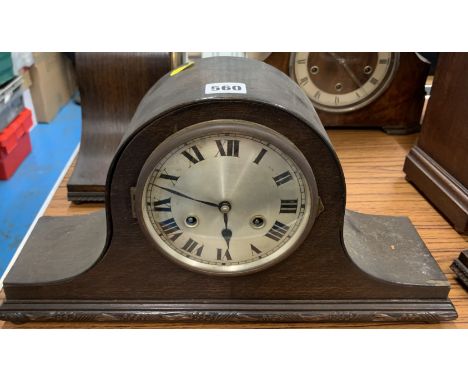 2-hole wooden Napoleon hat shaped mantle clock, 17”w x 9.5”h