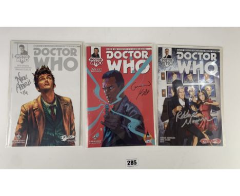 3 x Doctor Who signed comics, 9th, 10th and 12th Doctors. Signed by the artists. (BBC) VF condition, bagged and boarded.