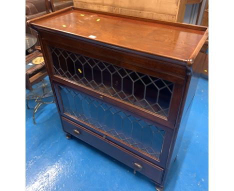 Mahogany Globe Wernicke style leaded light bookcase with 2 sections and base drawer, 34”w x 14”d x 39”h