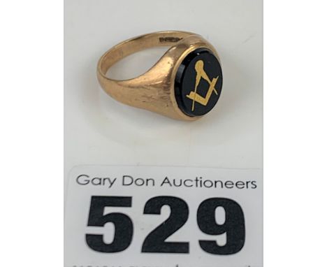 9k gold ring with Masonic emblem, size M/N, w: 3.9 gms 