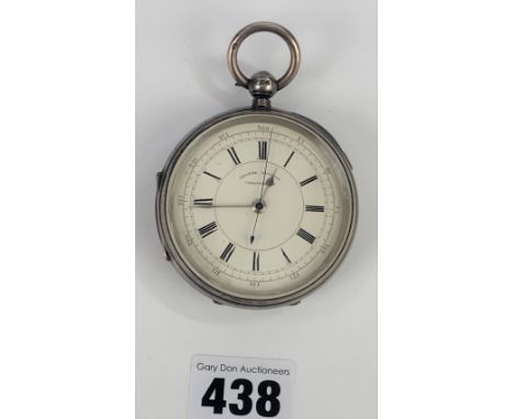 Silver pocket watch, Centre Seconds Chronograph, 2.5” diameter. Total w: 6.1 ozt. Not running