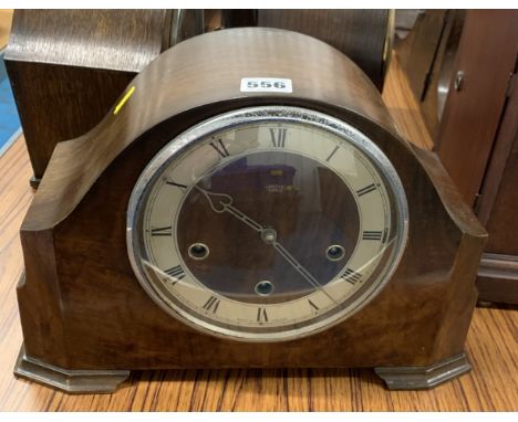 Smiths 3-hole wooden mantle clock, 14” wide x 9” high