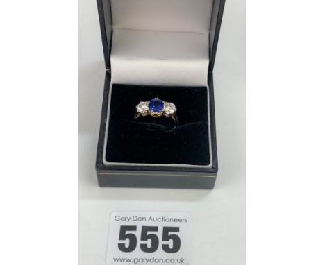 18K Gold Ring With Sapphire And 2 Diamonds, Size J/K, W: 3.4 Gms. Sapphire 1 Ct, Good Blue Colour, Cushion Cut. Diamonds Appr