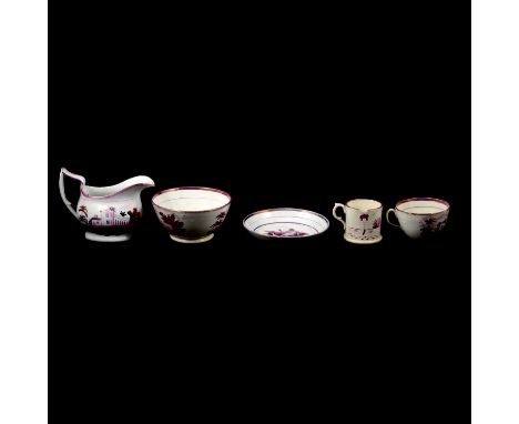 A quantity of pink Sunderland lustre teawares, twelve saucers and eleven teacups mostly with church scenes, milk jug, sugar b