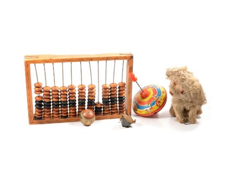 Toys and games, including Zoetrope slides; abacus; spinning tops; plush dog toy etc.Qty: one boxCondition report:The dog has 