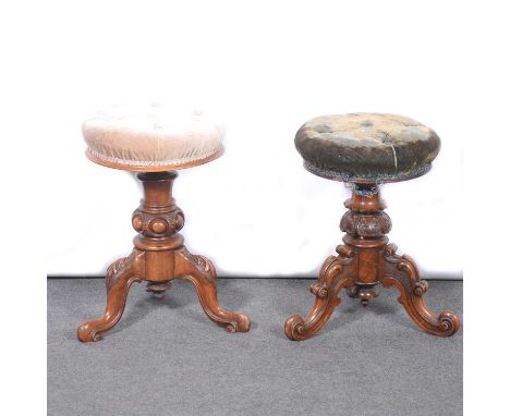 Two Victorian piano stools, both with circular upholstered adjustable seats, carved tripod bases.Qty: 2Condition report:The c