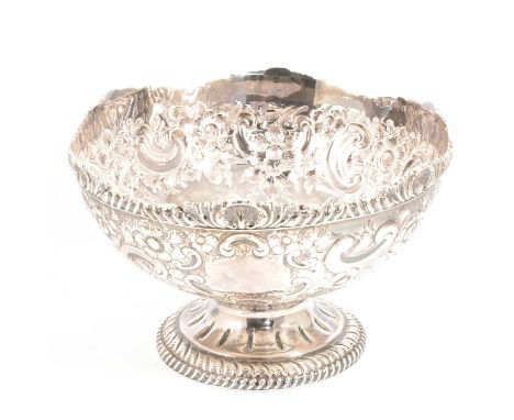 Late Victorian silver pedestal rose bowl by Atkins Brothers, Sheffield 1896, diameter 24cm, repousse chased, gadrooned rim fo