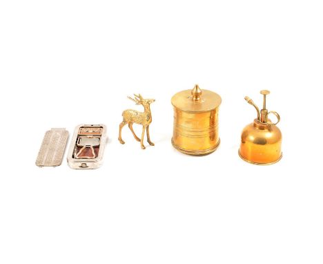 Quantity of brass and metalware, including a shell case caddy, small bag of loose foreign and British coinage, including a 18