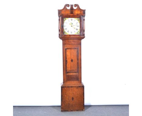 Oak and mahogany longcase clock, the hood with swan neck pediment, turned columns, trunk with short door, box base, 12" squar