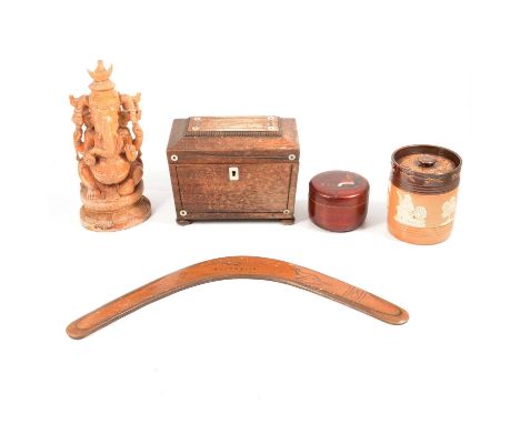 One box including wooden and ceramic items, including Doulton tobacco jar, with lid; Austrialan wooden Boomerang; African woo