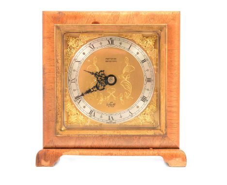 Elliott walnut cased mantel clock, square case, square brass dial with silvered chapter ring, engraved and with cast spandrel