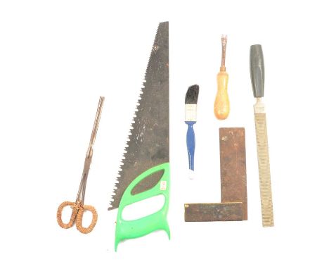 Quantity of hand tools, including Black and Decker hammer drill; Earlex heat gun; saws; hammers; clamps; etc. 