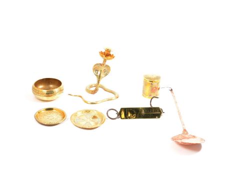 Indian brass tray, 61cm; together with three Indian brass plates; pair of brass bowls; pair of brass candle sticks in the for