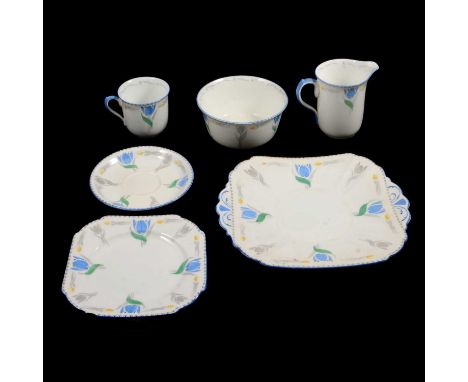 A Shelley bone china part teaset, Tulip design, comprising sandwich plate, three cups, five saucers, four side plates, sugar 