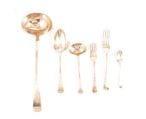 Quantity of matched Georgian silver flatware, comprising twelve dessert spoons, eleven teaspoons, twelve side forks, twelve m