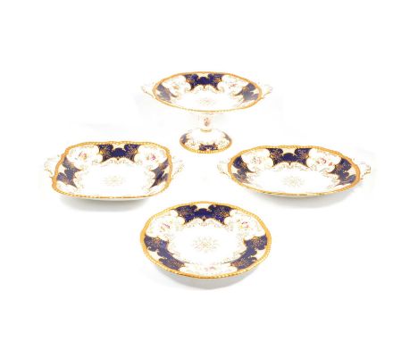 Coalport dessert service, with coalbolt blue borders broken by floral vignettes, gilt outlines, comprising twelve 9" plates, 