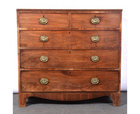 George III mahogany chest of drawers, reeded edge, two short and three long graduating drawers, bracket feet, width 109cm, de