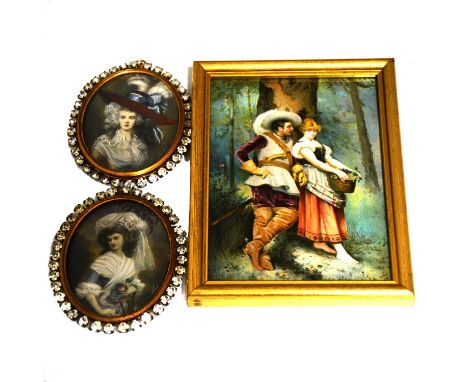 A painted porcelain plaque, depicting a man and a woman in 17th century attire, gilt wood frame, 15x11cm; and two portrait mi