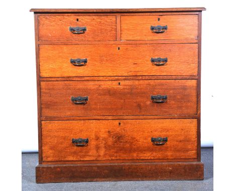 Victorian oak chest of drawers, two short and three long graduating drawers with brass handles, plinth base, width 107cm, dep