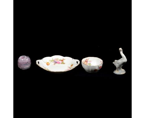 Small selection of ceramic serving platters, including Royal Crown Derby, Wedgwood, Coalport, three glass paperweights, a con