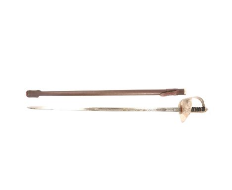 Royal Signals dress sword, Wilkinson Sword, blade etched 'G.P. Roberts 1991', in brown leather scabbard, overall length 102cm