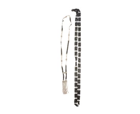 Two mourning jewellery bead necklaces, a mourning bead necklace, the ten black bead strands divided by blue and white beads w