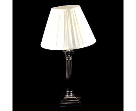 Silver plated Corinthian column table lamp, with shade, 64cm overall.Condition report:Some slight dings to the stepped base s