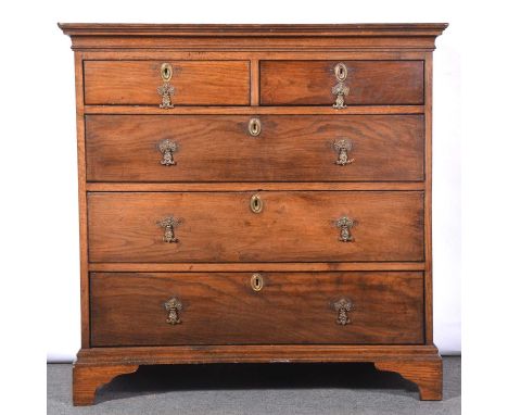 George III oak chest of drawers, adapted from the top of a tallboy, cavetto cornice, two short and three long graduating draw