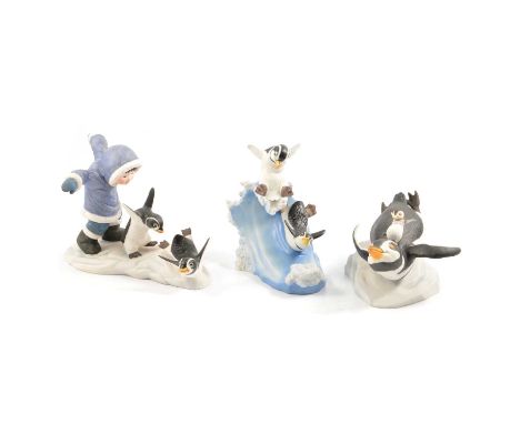 Collection of Franklin Mint ceramic animal groups, including Penguin groups, elephant groups, etc. mostly boxed.