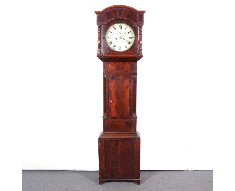 Mahogany longcase clock, arched hood aidn turned supports, short door, bracket feet, 13" circular painted dial with subsidiar