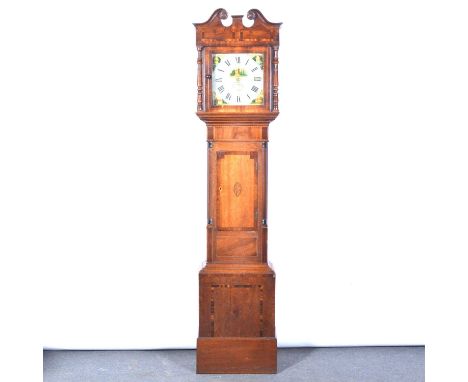 Oak and mahogany longcase clock, square painted dial, signed Parker Daventry, thirty hour movement, broken swan neck hood, he