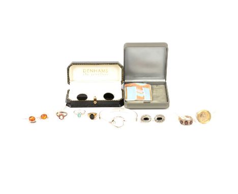 A pair of 925 cufflinks set with oval black onyx, a pair of amber earrings; a pair of black onyx earrings; bangle with hook f
