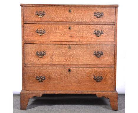 George III oak chest of drawers, rectangular top with reeded edge, four long graduating drawers, bracket feet, width 93cm, de
