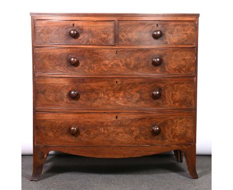 Victorian mahogany bowfront chest of drawers, two short and three long graduating drawers with turned handles, splayed bracke