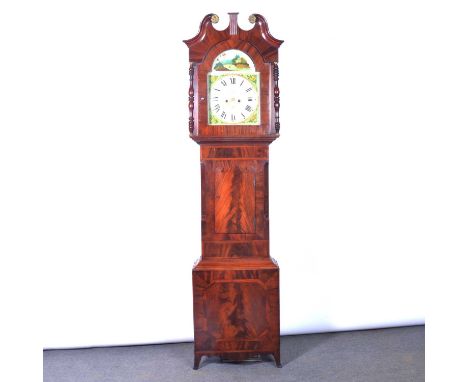 Mahogany longcase clock, the hood with swan neck pediment abd turned columns, trunk with short door, box base on splayed brac