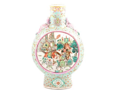 Chinese porcelain and polychrome moonflask, each face painted with panels of warriors at battle and at court, against a turqu