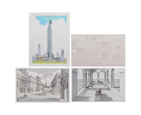 Four architectural studies and drawings, including 'King Kong - New York skyline study', coloured, and three other drawings i