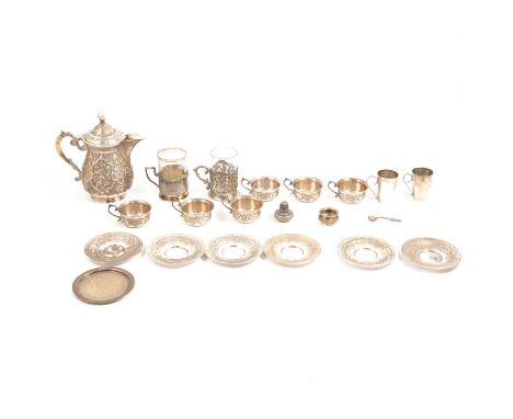 An Iran white metal tea pot, six cups and saucers, two glass tea cups with white metal holders; two small Russian 875 silver 