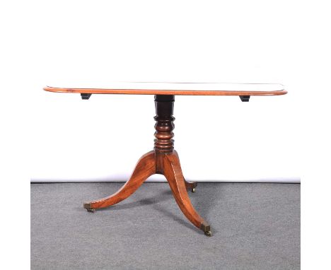 Victorian mahogany supper table, rounded rectangular top, turned column, tripod base on castors, length 114cm, width 87cm, he