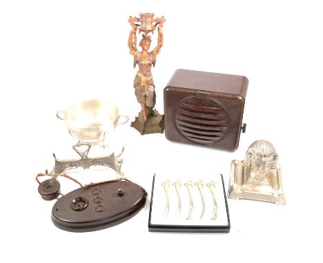 WMF silver-plated stand, 22cm; Spelter eastern candlestick figure, 40cm; silver-plated inkwell in the shape of a Pharos, 15cm