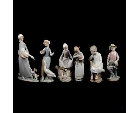 Lladro Girl with Duck 1052; Girl with Lamb 1010; Rabbit's Food 4826; Going Fishing 4809; Bashful Bather 5455; eight other Lla