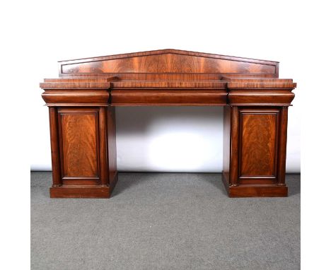 Victorian mahogany sideboard, architectural shaped back, inverted breakfront ogee frieze fitted with drawers, twin pedestals 