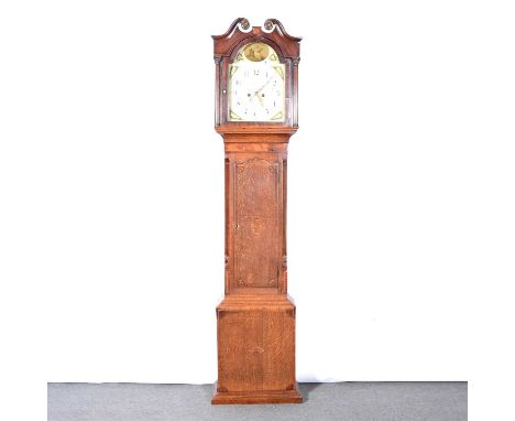 A 19th Century oak and mahogany crossbanded longcase clock, the 12" painted arch dial with Classical maiden with a camel to t