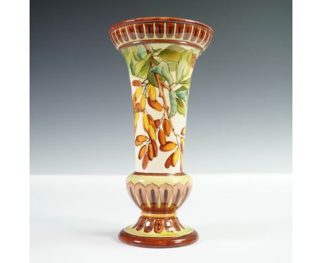 Doulton Lambeth Faience vase in pattern 9853, featuring a tall baluster shape with flared rim and pedestal base, hand painted
