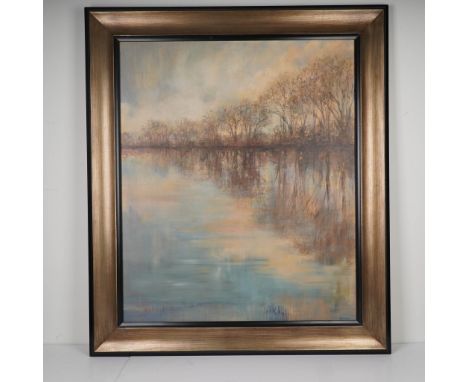 Textured giclee on board titled Winter Glow by artist Liv Carson, presented in a wide brushed-gold and black wood frame. This